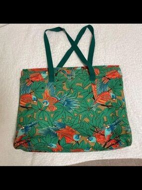 Hermes Green Canvas Tote with Orange & Blue Parrot Print